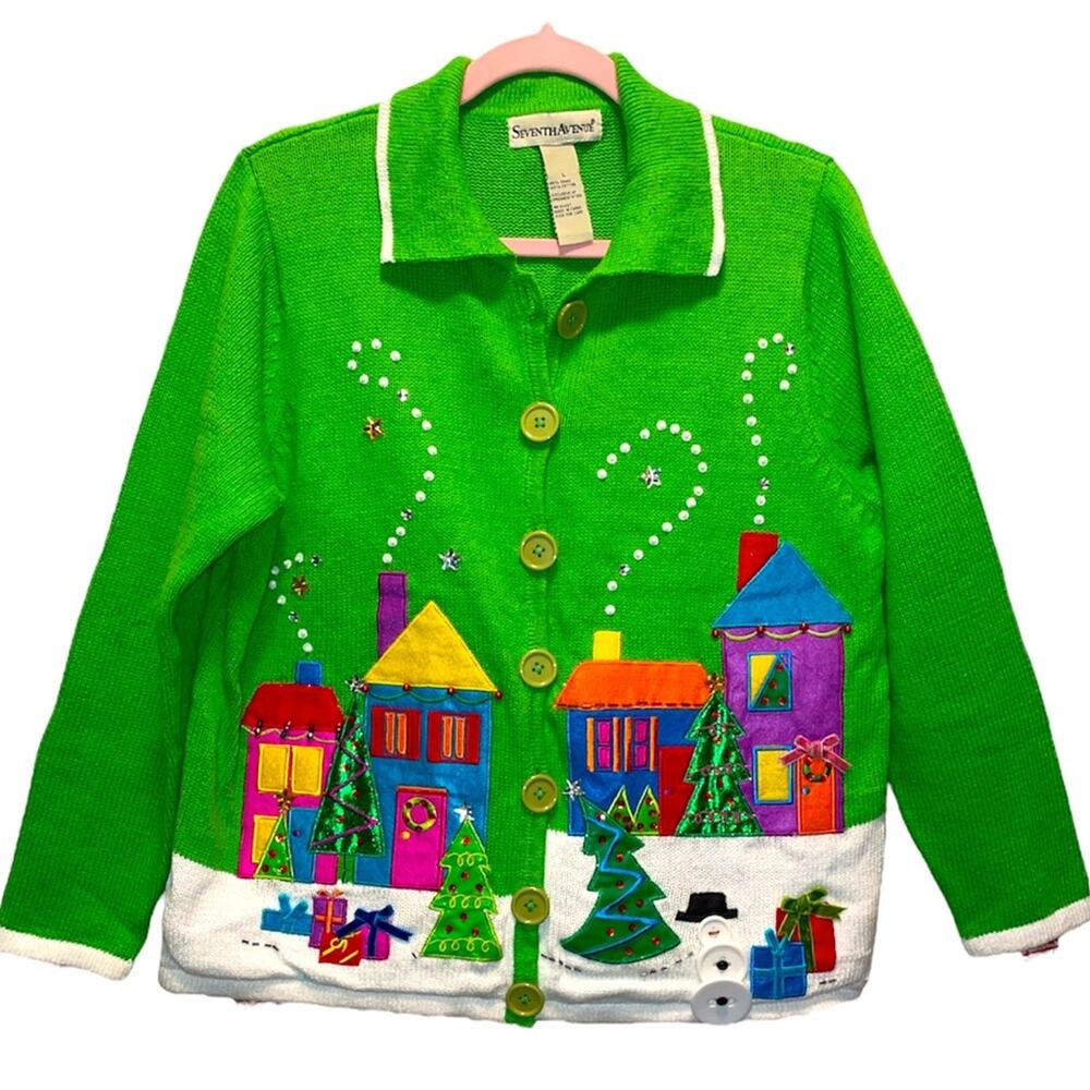 Seventh Avenue Kelly Green Winter Neighbors scene Cardigan Sweater size Large